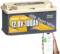Power Queen Batería de litio 12V 100Ah, Bluetooth batería LiFePO4, con Bajas Temperaturas Protección,4000+ Ciclos, Altura de 189mm, para Asiento de la Mayoría de Autocaravanas. Barco, Panel Solar