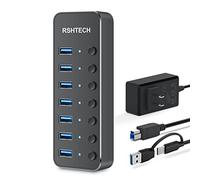 Powered UBS Hub, RSHTECH 7 Port USB 3.0/USB C Hub Upgraded Version Aluminum USB Hub with 2-in-1 USB Cable,5V 3A Power Adapter and Individual Switches, USB Port Expander Hub for Laptop and PC, RSH-ST07