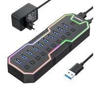 Powered USB Hub, 10 puertos USB 3.0 Hub con RGB LED Strip y 12V/2A Power Adapter USB Expansión para MacBook, Mac Pro, Mac mini, iMac, Surface Pro, XPS, PC, Flash Drive, Mobile HDD
