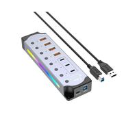 Powered USB Hub 10Gbps, USB 3.2 7-Port USB-C & USB-A Hub with Individual /Off Switches and 12V Power Adapter UK Plug