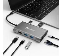 PowerEnvy Hub USB C, adaptador USB 7 en 1, concentrador de datos multipuerto con carga tipo C de 60 W, 5 Gbps, 2 USB A, 4K, HDMI, 1000 m, Ethernet TF/MicroSD puerto de transferencia de datos para