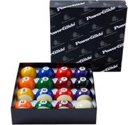 POWERGLIDE Juego de Billar de 16 Bolas | Puntos y Rayas | Torneo | 51,0 mm de diámetro, con Bola Blanca de 47,5 mm | En Caja | para mesas Que Funcionan con Monedas