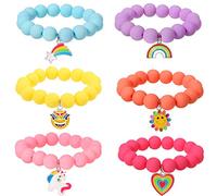 powerking Pulsera con colgante de cuentas de unicornio para niña, 6 piezas, monstruo arcoíris, sol, flor, corazón, meteorito, pulsera de amistad, regalo para buenos amigos, Goma de níquel
