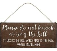 POWERMAZ Letrero de bebé durmiendo para puerta delantera, divertida placa de madera colgante de 12 x 6 pulgadas, con texto en inglés "Please Do Not Knock or Don't Ring Doorbell Dogs Will Bark(BW1970)