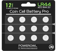 POWEROWL Pilas LR44 L1154F de Alta Capacidad, AG13 357 303 SR44 A76 Pilas Alcalinas de 1,5 V (12 Piezas, Negro)
