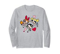 Powerpuff Girls Hearts Circle Manga Larga, Unisex para Adultos, Gris Jaspeado, S