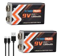 PowerTrust Paquete de 2 pilas recargables de 9 V, batería de iones de litio de 1300 mAh con puerto de carga USB-C y cable de carga 2 en 1 para detectores de humo, multímetro, micrófonos
