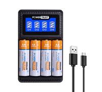 PowerTrust Paquete de 4 baterías recargables AA de 2800 mAh y cargador USB LCD para baterías recargables AA AAA Ni-MH con 4 ranuras