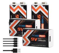 PowerTrust Paquete de 4 pilas recargables de 9 V, batería de iones de litio de 1300 mAh con puerto de carga USB-C y cable de carga 2 en 1 para detector de humo, multímetro, micrófono, juguete