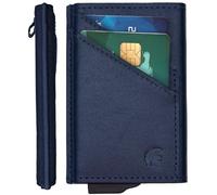 POWR Cartera con tarjetero. Tarjetero RFID de cuero vegano azul real para hombres. Cartera minimalista para tarjetas de crédito para hombres. Cartera delgada de metal desplegable para tarjetas de