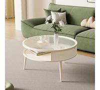 POWRZZZY Mesa de Centro Redonda de Cristal de 60cm para Salón con Espacio de Almacenamiento Fácil de Montar Ideal para Salón Hogar y Oficina(Cream White,70x70x45cm)