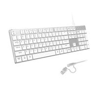 POWZAN Teclado retroiluminado con cable para Windows/Mac, teclados delgados de aluminio y de tamaño completo que se iluminan con interfaz dual USB A/USB C, compatible con iMac, MacBook, iPad, laptop,
