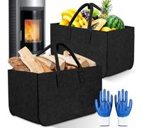 POWZOO 2 Piezas Cesta de Leña,con Guantes,con Asas de Transporte,Plegable Cesta de Fieltro,Multifunción Bolsa de Fieltro para Transportar Madera,Juguetes,Periódicos,Compras(46.5x27.5x27.5cm,Negro)
