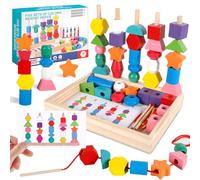 POWZOO 3 en 1 Montessori Juguetes de Cuentas de Cordones de Madera,Juguetes de apilar,Juegos de encordar,Juegos de clasificación,con Tarjetas y Cajas de Almacenamiento,Regalo para Niños 2 3 4 5 Años.
