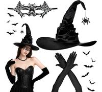 POWZOO 3 Piezas Sombrero de Bruja con colgante de murciélago & Guantes de Halloween & Máscara de murciélago,Sombrero de Brujas de Halloween Plegable,para carnaval,carnaval,cosplay,fiesta,disfraz.