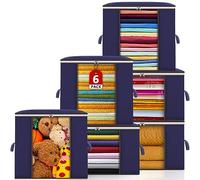 POWZOO 6 Piezas Organizador Ropa,Cajas Almacenaje Ropa Plegable con Asa Reforzada,y Ventana Transparente,Organizador Armario,Cajas Mudanza,Bolsas para Suéteres, Abrigos, Mantas.(Azul)