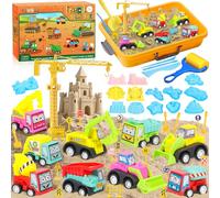 POWZOO Arena Mágica,Kit Completo con 2x500g de Arena Cinética,9 Coches de Carreras,20 Señales de Tráfico,Herramientas,Castillo y Grúa+Caja de Almacenamiento-Regalo Juguete Sensorial para Niños 3+ Años