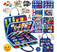 POWZOO Busy Board Juguetes Niños 1 2 3 4 5Años, 5 Capas Juguetes Educativos Montessori,Busy Board Toddler, Tablero Sensorial para Aprender a Vestir y Habilidades Motoras Finas(Color Azul )
