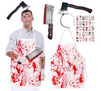POWZOO Disfraz Carnicero Halloween,Delantal Ensangrentado,con cuchillo de cocina,Cuchillo en la Cabeza y Tatuajes de Cicatrices, para Disfraces y Fiestas Espeluznantes