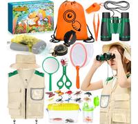 POWZOO Juego de 21 piezas de explorador para niños, con chaleco, sombreros, prismáticos, brújula, lente de aumento y otros, fantástico regalo para la exploración de la naturaleza y la aventura para