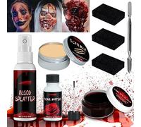 POWZOO Juego de maquillaje de Halloween, cera para la piel+pulverización de sangre artificial+sangre artificial incrustada+heridas falsas agua+espátula+3 esponjas