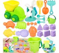 POWZOO Juguetes Playa,24 Piezas Juguetes de Playa para Niños,con Cubo,Moldes de Arena, Rueda de Agua,Camión de Arena,Palas y Rastrillo,Juegos de Playa para Niño Niña 1 2 3 4 Años Exterior Regalo.
