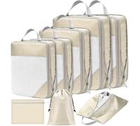 POWZOO Organizador Maleta,8 Piezas Compression Packing Cubes,Organizadores de Viaje,Expandible Organizador de Equipaje,para Ropa Interior,Zapatos,Cosméticos.Bolsas Viaje Organizador.(Beige)