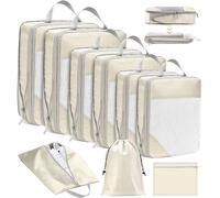 POWZOO Organizador Maleta,9 Piezas Compression Packing Cubes,Organizadores de Viaje,Expandible Organizador de Equipaje(Beige)