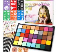 POWZOO Pinturas Cara para Niños,Pinturas Pintacaras para Niños-40 Colores,Pintura Facial y Corporal,Lavable,No Tóxico,con 11 Pinceles,41 Plantillas y 2 Pegatinas,Maquillaje Carnaval Halloween.