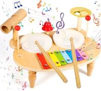 POWZOO Tambor Juguetes Musicales,10 IN 1 Juguetes Instrumentos Musicales Madera,Juguetes Montessori,Bateria Regalo Niño 3 4 5 6 Año,Regalos para Niños de Navidad y Cumpleaños.