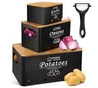 POWZOO Tarros de Patatas,Tarro de Cebolla,Tarro de ajo Con Pelador juego de 4,almacenamiento de metal Botes con Tapa y Orificios de Ventilación,mantiene las verduras frescas durante más tiempo (Negro)