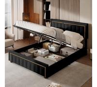 POYHKFD Cama de 140 x 200 cm Con Somier y Baúl de Almacenamiento, Marco Acolchado Con Muelles de Gas, Doble de Metal Para Adultos (Negro)