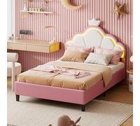 POYHKFD - Cama infantil de 90 x 200 cm, con somier y respaldo, cama para niñas con forma de corona, cama con cabecera, camas con luz LED que cambia de colado (color rosa)