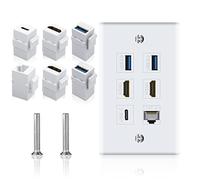 Poyiccot Placa de pared para HDMI Ethernet y USB 3.0 y USB C, 6 puertos, 2 HDMI HDTV + 2 USB 3.0 + 1 Ethernet Cat6 RJ45 + 1 placa de pared USB C Keystone para cubierta de placa de pared de cable, color blanco