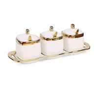 PPcdfre 3 recipientes de cerámica para condimentos de porcelana, azucareros, recipientes decorativos de sal dorada, cajas de pimienta, tarros de especias de cocina, A