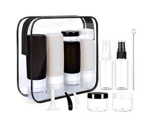 PPcdfre Juego de 15 botellas de viaje para artículos de tocador, a prueba de fugas, accesorios de viaje, botellas de champú exprimibles, color negro y blanco