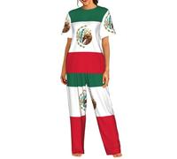PPHGUT Conjunto de pijama de manga corta con estampado de bandera de México para mujer, ropa de dormir suave y cómoda para el hogar, Negro, 3XL Corto