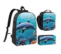 PPHGUT Hermoso juego de mochila escolar con estampado de delfines del mundo submarino, bolsa de almuerzo, estuche para bolígrafos, para niños y niñas, actividades al aire libre, compras