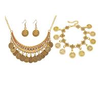 PPX 4 Juegos Collar Pulsera y Pendientes de Moneda Conjunto de Joyería de Estilo Étnico Punk Collar Llamativo Boho Bohemio de Barbero para Mujeres