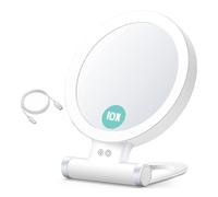Pqahffowr Espejo de maquillaje de aumento 10 X con luces y aumento, espejo LED de escritorio 3 colores y espejo de cortesía para viajes