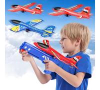 PQETBV Avión de Juguete, 4 Piezas de Tiro Planeador de Espuma de Poliestireno Avión de Juguete con Pistola de catapulta y la Etiqueta engomada, Aire Libre Volar Juguete para Niños Niñas 3-10 Años