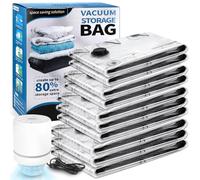 PQETBV Bolsas de Almacenamiento al Vacío, Juego de 10 Bolsas (3J + 3L + 2M + 2S) con Bomba Eléctrica, Bolsas al Vacío Ropa para Guardar Ropa, Ropa de Cama, Edredones, Almohadas, Mantas