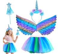 PQETBV Disfraz de Unicornio para Niña, 4 Pcs Conjunto de Vestido Princesa con Diadema, Alas y Varita, Traje Unicornio Niña Cumpleaños Carnaval Cosplay