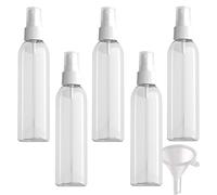 PQPAUTY 5 Piezas Pequeño 150ml Botella de Spray Plástico PET Vacías Transparentes con Bomba en Spray Blanco de Niebla Atomizador para Perfume Viaje Artículos de Agua Cosmético, 1 Pieza Embudo