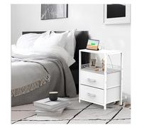 PQPQLI Night Stand with Charger Station, 24.2 Inch Tall Nightstand, End Table for Bedroom with Open Shelf & 2 Fabric Drawers, Wooden Top, for Bedroom, Dorm and Small Spaces(Blanca)