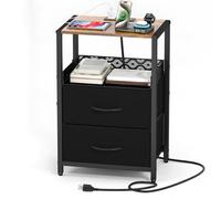 PQPQLI Night Stand with Charger Station, 24.2 Inch Tall Nightstand, End Table for Bedroom with Open Shelf & 2 Fabric Drawers, Wooden Top, for Bedroom, Dorm and Small Spaces(Negro)