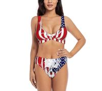 PQruop Conjunto de bikini con estampado de calavera y bandera americana para mujer, bikini de cuello bajo, Negro, M