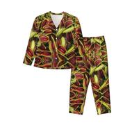 PQruop Pijama de dos piezas con estampado de plantas carnívoras para mujer, pijama de manga larga con botones y bolsillos, pijama casual., Negro, S