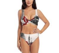 PQruop Red Phone Booth London Street Print - Conjunto de traje de baño para mujer, bikini de cuello bajo, Negro, S