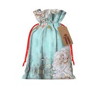 Práctica bolsa de Navidad con estampado floral de puerta de granero verde azulado con cordón, 4.7 x 6.9 pulgadas para Navidad, Halloween
